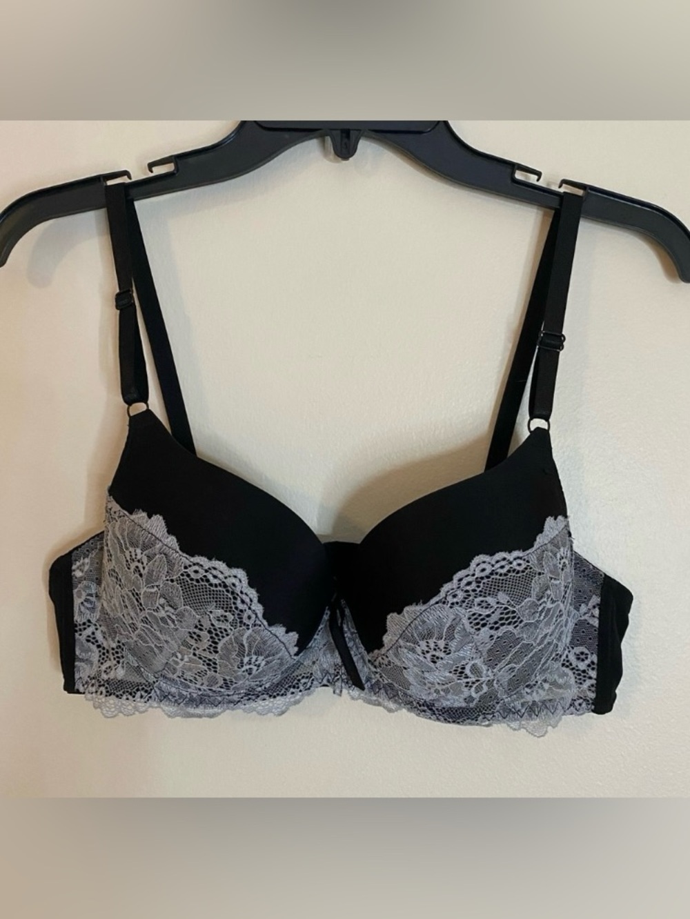 Sofra Black Bra with Gray Lace Overlay 36C